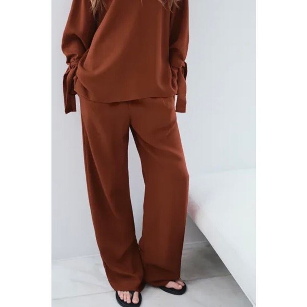 ZARA NWOT Brick Red Twill Wide Leg Elastic Waistband Pull-on Pant Small